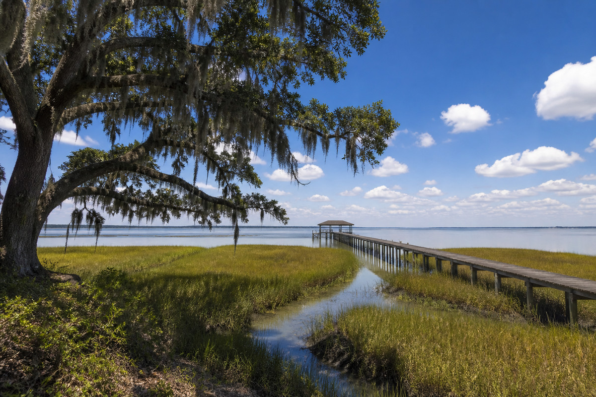 Live oak and tidal marsh on the Mobile Bay Eastern Shore with a pier running out over the water